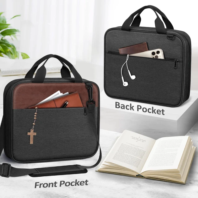 Alt view image 4 of 7 - Large Bible Cover for Men, Carrying Bible Bag Church Book Case BIblie Case w/Shoulder Strap and Handle, Christian Gift for Men Women Friends Family, Brown Black
