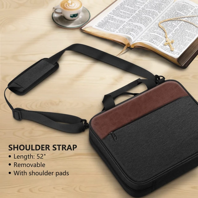Alt view image 6 of 7 - Large Bible Cover for Men, Carrying Bible Bag Church Book Case BIblie Case w/Shoulder Strap and Handle, Christian Gift for Men Women Friends Family, Brown Black