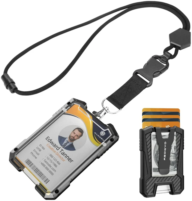 Main image of Carbon Fiber Badge Holder with Breakaway Lanyard, Holds 5 Cards Heavy Duty Lanyard for ID Card/Badge Holder, Perfect for Office and School