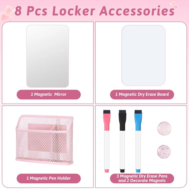 Alt view image 2 of 7 - 8-Piece Locker Accessories Kit, Magnetic Locker Organizer, Pink Locker Decorations for Girls, Magnetic Mirror, Dry Erase Whiteboard, Pen Holder, Dry Erase Markers, Magnets