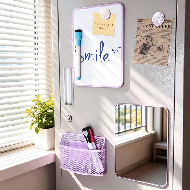 Alt view image 5 of 7 - 8-Piece Locker Accessories Kit, Magnetic Locker Organizer, Purple Back to School Locker Decor, Magnetic Mirror, Dry Erase Whiteboard, Pen Holder, Dry Erase Markers, Magnets