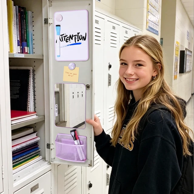 Alt view image 4 of 7 - 8-Piece Locker Accessories Kit, Magnetic Locker Organizer, Purple Back to School Locker Decor, Magnetic Mirror, Dry Erase Whiteboard, Pen Holder, Dry Erase Markers, Magnets