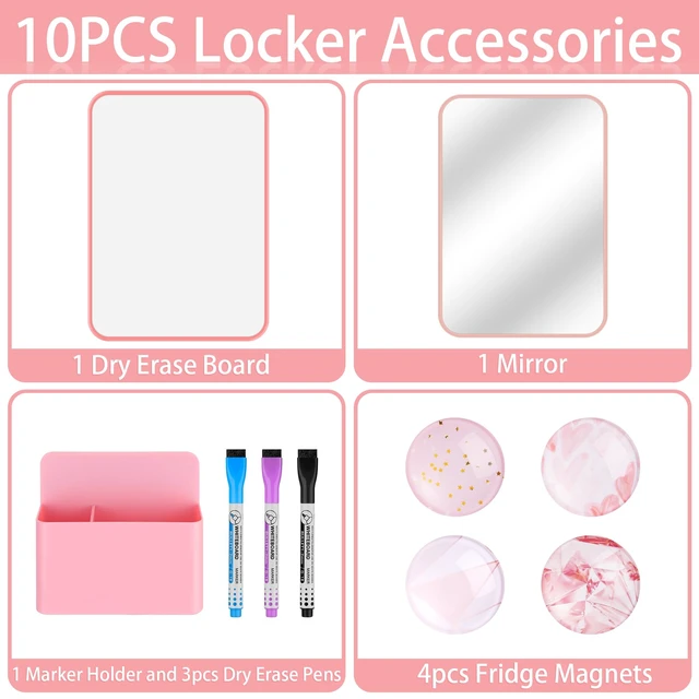 Alt view image 2 of 7 - 10-Piece Locker Accessories Kit, Magnetic Locker Organizer, Pink Locker Decorations for Girls, Magnetic Mirror, Dry Erase Whiteboard, Marker Holder, Dry Erase Markers, Magnets