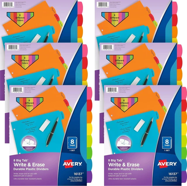 Main image of Write & Erase 8 Tabs Plastic Divider for 3 Ring Binders, 6 Sets (8 Colors)