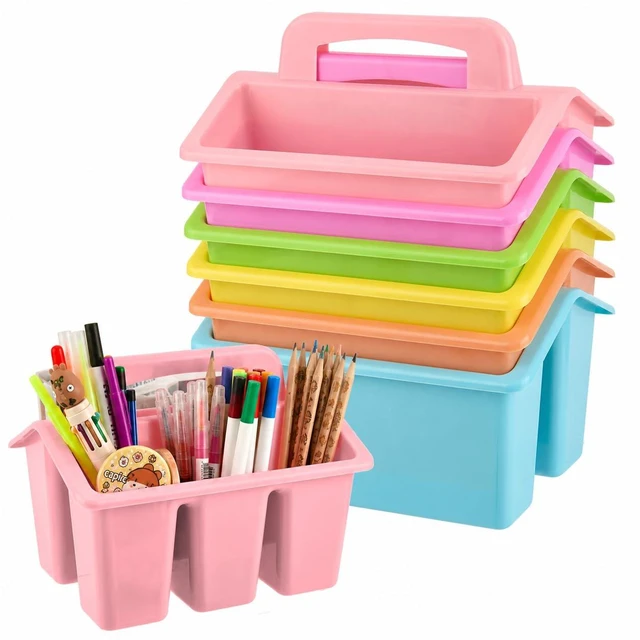 Main image of 6 Pack Classroom Caddy Organizer with Handle, Table Caddy Classroom 4 Compartments, 9×6.3×6.7 inches, Thick Durable PP Plastic, Built-in Handle, Stackable Design, for Classroom Desk Office Home