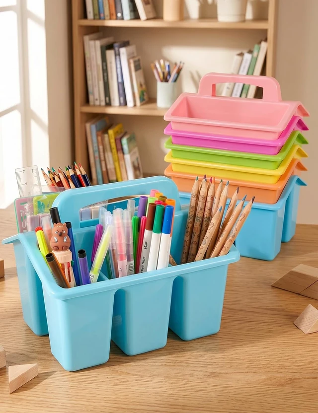 Alt view image 3 of 7 - 6 Pack Classroom Caddy Organizer with Handle, Table Caddy Classroom 4 Compartments, 9×6.3×6.7 inches, Thick Durable PP Plastic, Built-in Handle, Stackable Design, for Classroom Desk Office Home