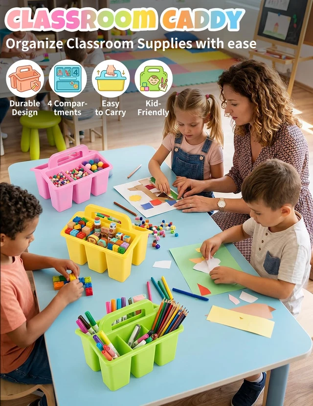 Alt view image 2 of 7 - 6 Pack Classroom Caddy Organizer with Handle, Table Caddy Classroom 4 Compartments, 9×6.3×6.7 inches, Thick Durable PP Plastic, Built-in Handle, Stackable Design, for Classroom Desk Office Home