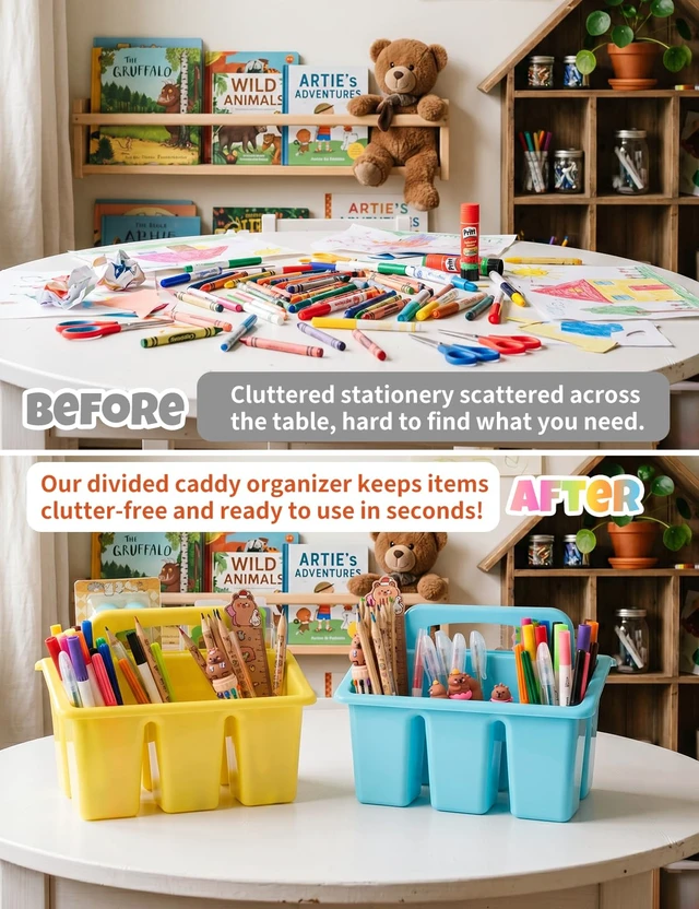 Alt view image 4 of 7 - 6 Pack Classroom Caddy Organizer with Handle, Table Caddy Classroom 4 Compartments, 9×6.3×6.7 inches, Thick Durable PP Plastic, Built-in Handle, Stackable Design, for Classroom Desk Office Home