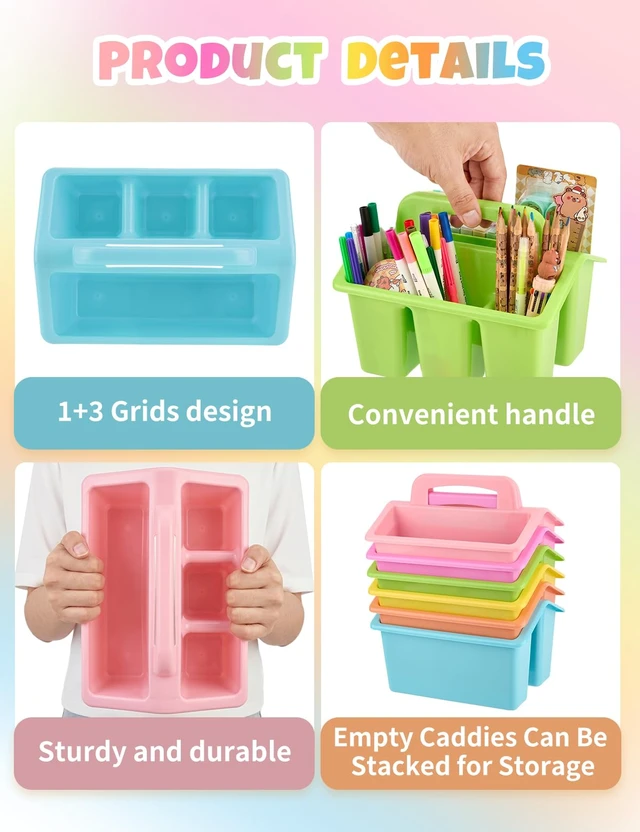 Alt view image 5 of 7 - 6 Pack Classroom Caddy Organizer with Handle, Table Caddy Classroom 4 Compartments, 9×6.3×6.7 inches, Thick Durable PP Plastic, Built-in Handle, Stackable Design, for Classroom Desk Office Home