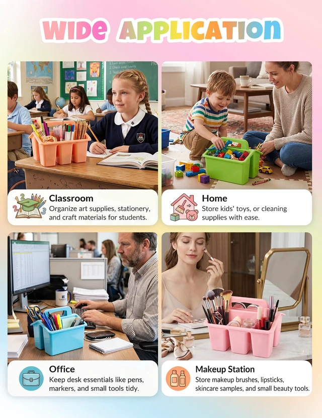 Alt view image 6 of 7 - 6 Pack Classroom Caddy Organizer with Handle, Table Caddy Classroom 4 Compartments, 9×6.3×6.7 inches, Thick Durable PP Plastic, Built-in Handle, Stackable Design, for Classroom Desk Office Home