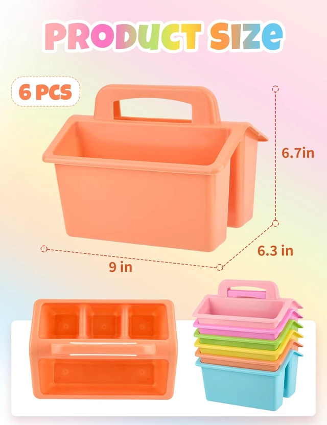 Alt view image 7 of 7 - 6 Pack Classroom Caddy Organizer with Handle, Table Caddy Classroom 4 Compartments, 9×6.3×6.7 inches, Thick Durable PP Plastic, Built-in Handle, Stackable Design, for Classroom Desk Office Home