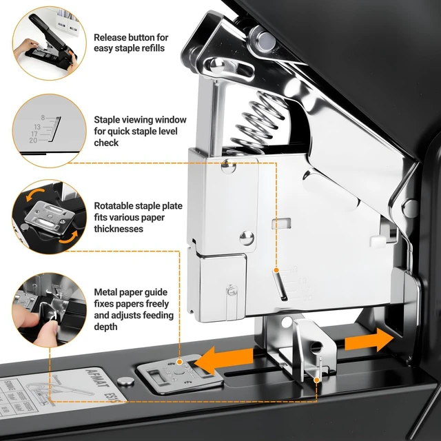 Alt view image 5 of 7 - ES15 Heavy Duty Stapler, 210 Sheet Staplers for Desk with 7000 Staples, Jam-Free, 50000+ Uses, 60% Reduced Effort, Easy Reload, Adjustable Paper Guide, Large Metal Manual Office Staplers