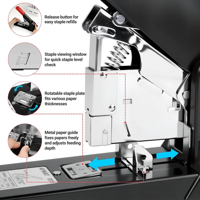 Alt view image 5 of 7 - ES15 Heavy Duty Stapler, 210 Sheet Staplers for Desk with 7000 Staples, Jam-Free, 50000+ Uses, 60% Reduced Effort, Easy Reload, Adjustable Paper Guide, Large Metal Manual Office Staplers
