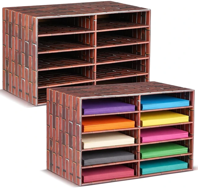 Main image of 2 Pack 10 Slots Construction Paper Storage, Classroom Mailboxes, Back to School Literature Cardboard Paper Organizer for Teacher, Office, 19.7 x 12.4 x 11.8 Inches (Red and Brown,Brick)