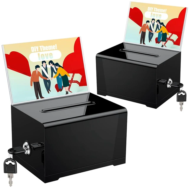 Main image of 2 Pack 6.2"x 4.7" x 4" Black Acrylic Donation Box with Lock Plastic storage container fitted with sign holder, ideal for voting, charity and daily tip collection