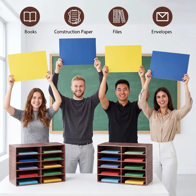 Alt view image 5 of 7 - 2 Pack 10 Slots Construction Paper Storage, Classroom Mailboxes, Back to School Literature Cardboard Paper Organizer for Teacher, Office, 19.7 x 12.4 x 11.8 Inches (Red and Brown,Brick)
