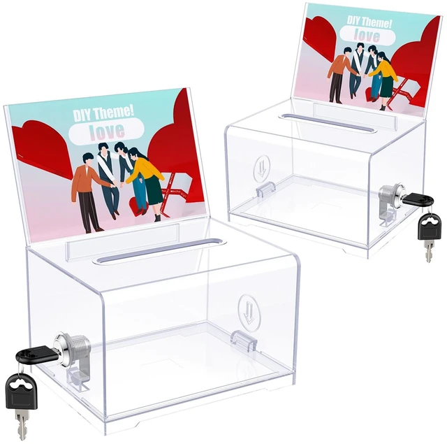 Main image of 2 Pack 6.2"x 4.7" x 4" Clear Acrylic Donation Box with Lock Slot Clear plastic storage container equipped with sign holder for charity, fundraising, voting and tip collection