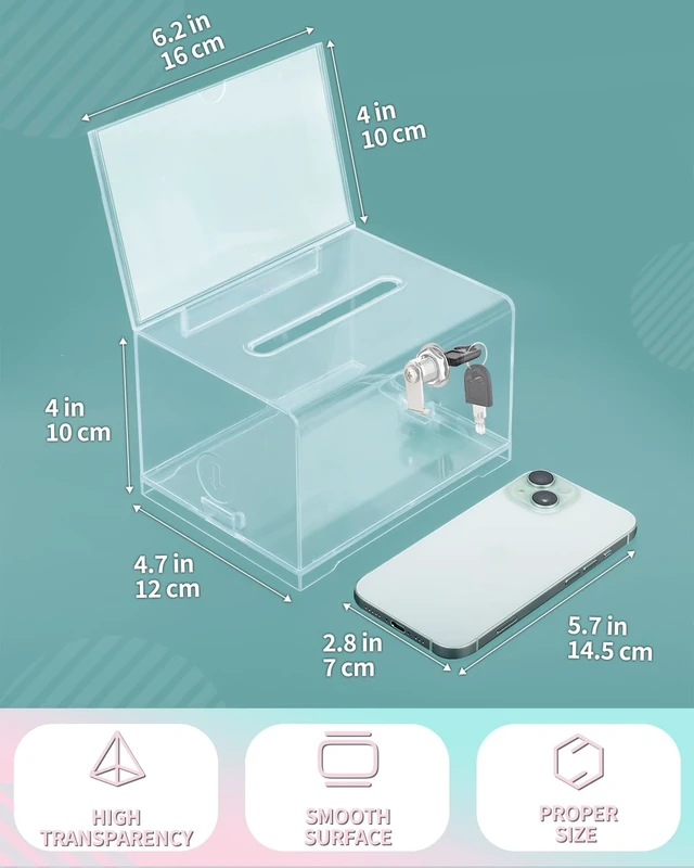 Alt view image 2 of 7 - 2 Pack 6.2"x 4.7" x 4" Clear Acrylic Donation Box with Lock Slot Clear plastic storage container equipped with sign holder for charity, fundraising, voting and tip collection