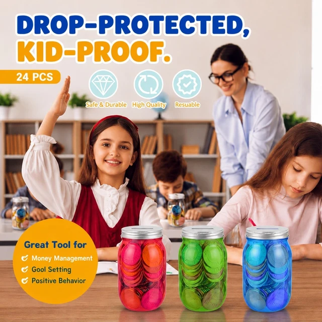 Alt view image 6 of 7 - 24 Pcs Reward Coin Jars for Kids Behavior Homework, Chores, Potty Plastic Jars with Slot, Coin Mason Jars for Classroom Incentives, Teacher Supplies, School Tools Behavior Reward System