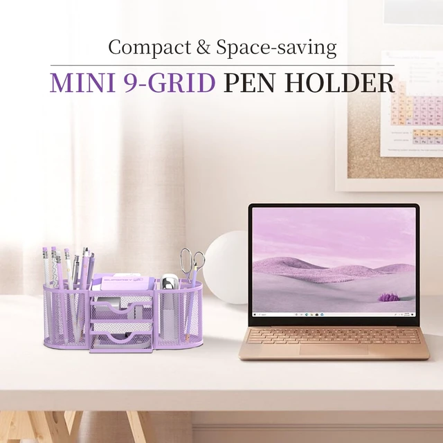 Alt view image 2 of 7 - Mesh Desk Organizer, Pen Holder for Desk with 2 Drawers, Purple Desk Organizers and Accessories with 8 Compartments and 2 Drawers, Pencil Holder for Desk for Small Office Supplies