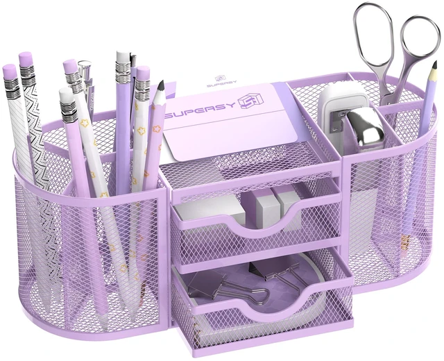 Main image of Mesh Desk Organizer, Pen Holder for Desk with 2 Drawers, Purple Desk Organizers and Accessories with 8 Compartments and 2 Drawers, Pencil Holder for Desk for Small Office Supplies