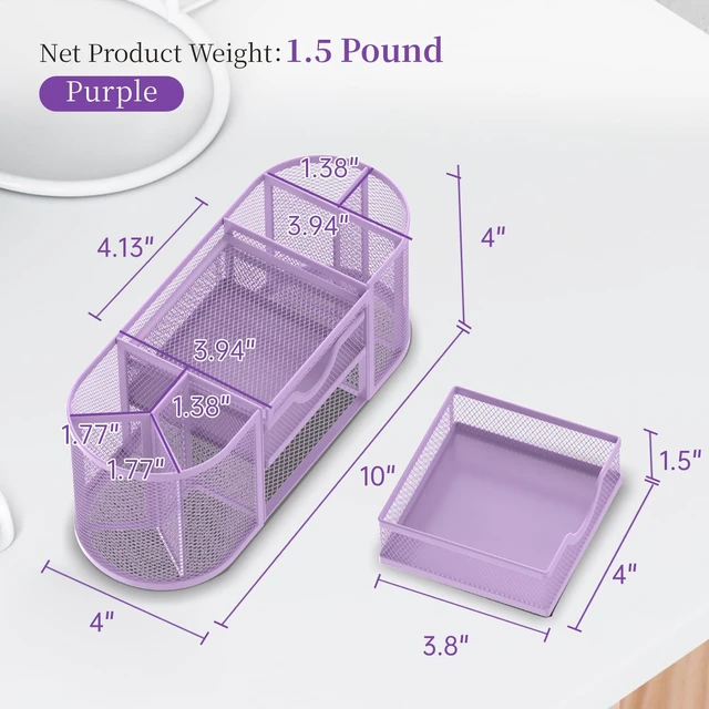 Alt view image 3 of 7 - Mesh Desk Organizer, Pen Holder for Desk with 2 Drawers, Purple Desk Organizers and Accessories with 8 Compartments and 2 Drawers, Pencil Holder for Desk for Small Office Supplies