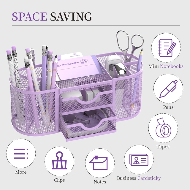 Alt view image 4 of 7 - Mesh Desk Organizer, Pen Holder for Desk with 2 Drawers, Purple Desk Organizers and Accessories with 8 Compartments and 2 Drawers, Pencil Holder for Desk for Small Office Supplies