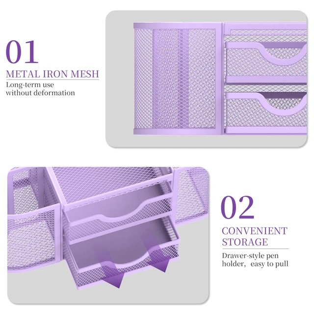 Alt view image 5 of 7 - Mesh Desk Organizer, Pen Holder for Desk with 2 Drawers, Purple Desk Organizers and Accessories with 8 Compartments and 2 Drawers, Pencil Holder for Desk for Small Office Supplies