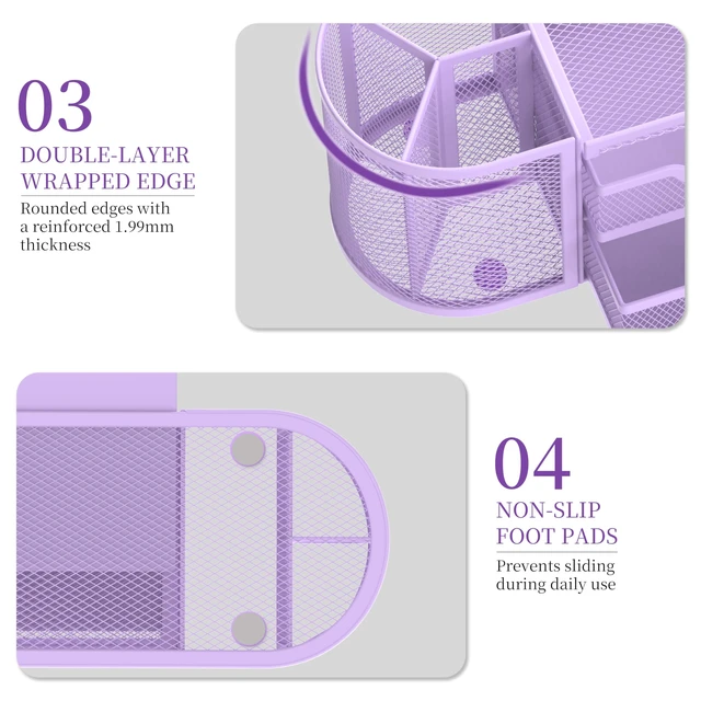 Alt view image 6 of 7 - Mesh Desk Organizer, Pen Holder for Desk with 2 Drawers, Purple Desk Organizers and Accessories with 8 Compartments and 2 Drawers, Pencil Holder for Desk for Small Office Supplies