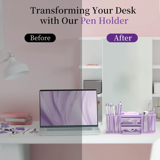 Alt view image 7 of 7 - Mesh Desk Organizer, Pen Holder for Desk with 2 Drawers, Purple Desk Organizers and Accessories with 8 Compartments and 2 Drawers, Pencil Holder for Desk for Small Office Supplies