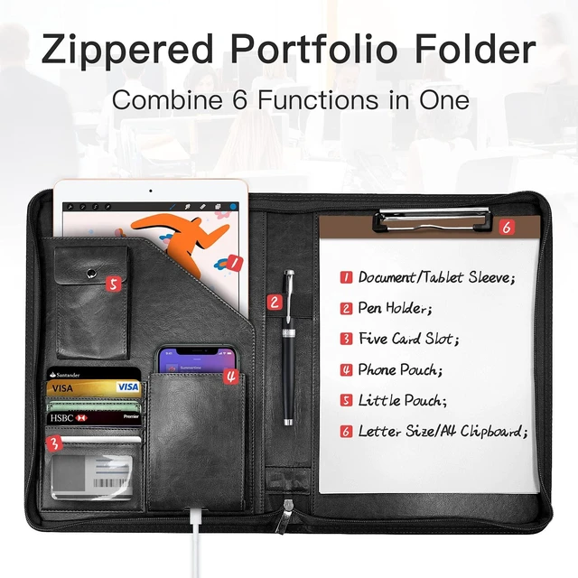 Alt view image 2 of 6 - Zippered Padfolio Organizer, 10.2 Inch Portfolio Folder, Black Leather Planner Binder, For Documents, Letter Size, Business Card Holder, For Men&Women