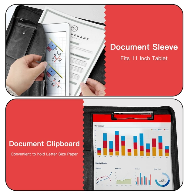 Alt view image 3 of 6 - Zippered Padfolio Organizer, 10.2 Inch Portfolio Folder, Black Leather Planner Binder, For Documents, Letter Size, Business Card Holder, For Men&Women
