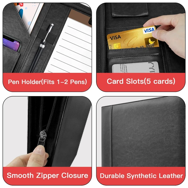 Alt view image 4 of 6 - Zippered Padfolio Organizer, 10.2 Inch Portfolio Folder, Black Leather Planner Binder, For Documents, Letter Size, Business Card Holder, For Men&Women