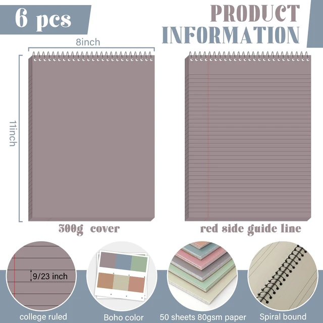 Alt view image 2 of 7 - 6Pcs Boho Top Spiral Notebooks 8.5x11 College Ruled Steno Pads 8.5x11 Aesthetic Legal Pad, 6 Pack 52-Sheet Colored Paper, Top Bound Steno Pad for Writing School Office Supplies Note Taking