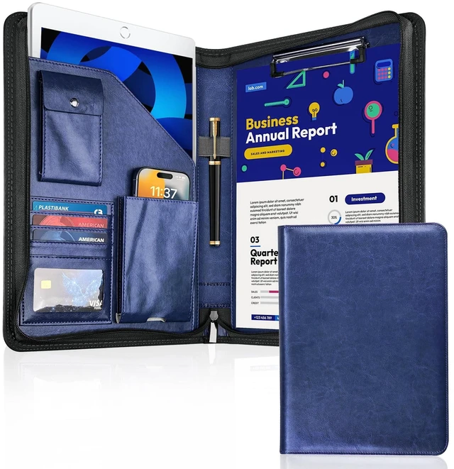 Main image of Zippered Padfolio Organizer, Blue, 10.2 Inch Portfolio Folder Leather Planner Binder, For Documents, Letter Size, Business Card Hold