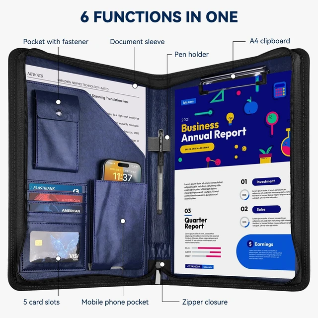 Alt view image 2 of 7 - Zippered Padfolio Organizer, Blue, 10.2 Inch Portfolio Folder Leather Planner Binder, For Documents, Letter Size, Business Card Hold