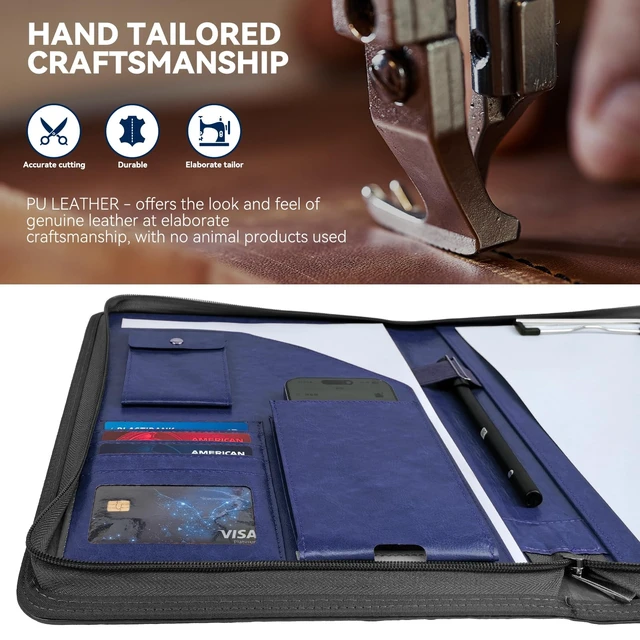 Alt view image 3 of 7 - Zippered Padfolio Organizer, Blue, 10.2 Inch Portfolio Folder Leather Planner Binder, For Documents, Letter Size, Business Card Hold
