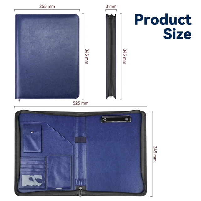 Alt view image 5 of 7 - Zippered Padfolio Organizer, Blue, 10.2 Inch Portfolio Folder Leather Planner Binder, For Documents, Letter Size, Business Card Hold