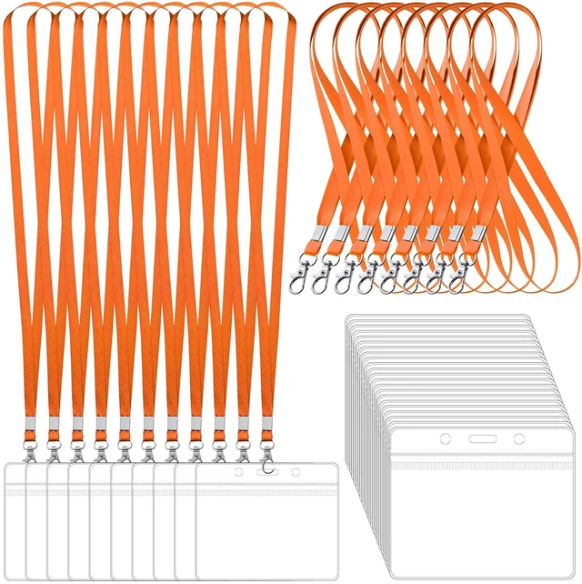 Main image of 100 Pack Lanyards for ID Badges with Clear Name Tags, Reusable Lanyards Horizontal ID Card Badge Holders Plastic Name Badges for Men Women Kids Business School and Office Supplies (Orange)