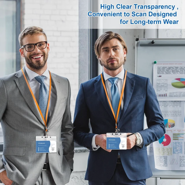 Alt view image 5 of 7 - 100 Pack Lanyards for ID Badges with Clear Name Tags, Reusable Lanyards Horizontal ID Card Badge Holders Plastic Name Badges for Men Women Kids Business School and Office Supplies (Orange)