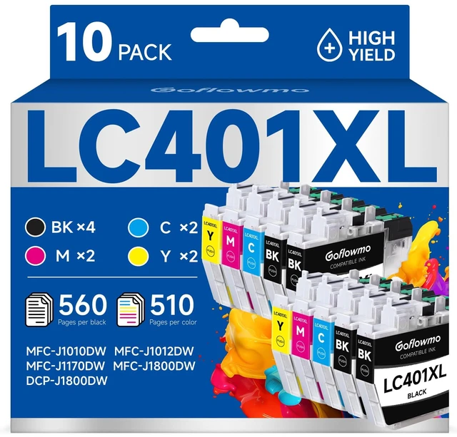 Main image of LC401XL Ink Cartridges Compatible for Brother Printer LC401 401XL 10-Pack High Yield, LC 401 XL Works with MFC-J1010DW MFC-J1170DW MFC-J1012DW MFC-J1800DW Ink (4 Black, 2 Cyan, 2 Magenta, 2 Yellow)