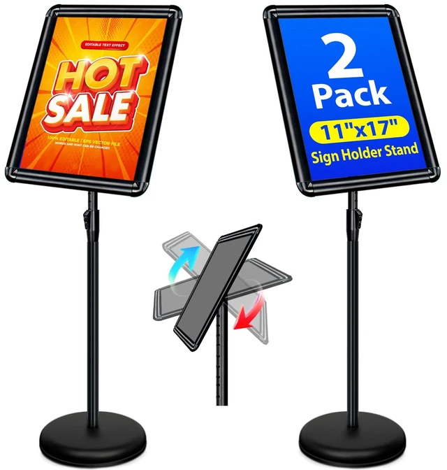 Main image of 2Pack 11x17 Sign Stand - Adjustable Floor Standing Sign Holder Pedestal Poster Stand, Adjustable Height, Vertical/Horizontal Snap-Open Frame, Business & Store Sign Holder Stand, Black