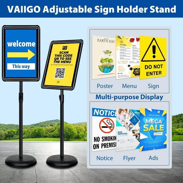 Alt view image 2 of 7 - 2Pack 11x17 Sign Stand - Adjustable Floor Standing Sign Holder Pedestal Poster Stand, Adjustable Height, Vertical/Horizontal Snap-Open Frame, Business & Store Sign Holder Stand, Black