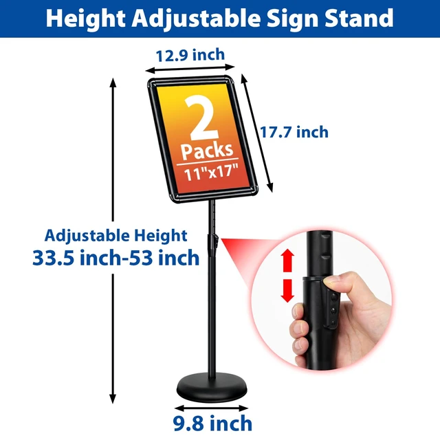 Alt view image 3 of 7 - 2Pack 11x17 Sign Stand - Adjustable Floor Standing Sign Holder Pedestal Poster Stand, Adjustable Height, Vertical/Horizontal Snap-Open Frame, Business & Store Sign Holder Stand, Black