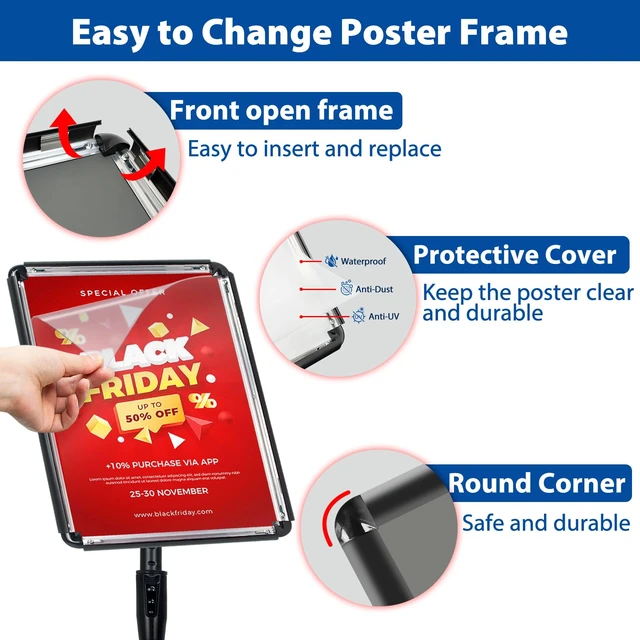 Alt view image 5 of 7 - 2Pack 8.5x11 Sign Stand - Adjustable Floor Standing Sign Holder Pedestal Poster Stand, Adjustable Height, Vertical/Horizontal Snap-Open Frame, Business & Store Sign Holder Stand, Black