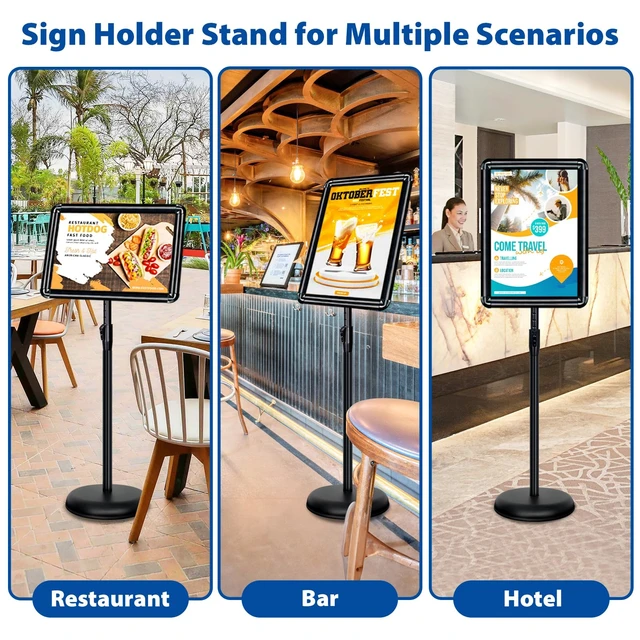Alt view image 7 of 7 - 2Pack 11x17 Sign Stand - Adjustable Floor Standing Sign Holder Pedestal Poster Stand, Adjustable Height, Vertical/Horizontal Snap-Open Frame, Business & Store Sign Holder Stand, Black
