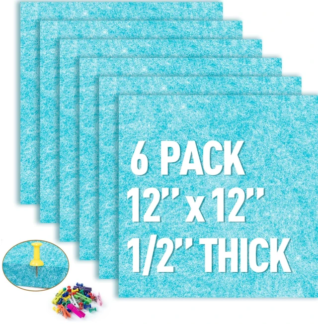 Main image of Cork Bulletin Board 12x12, 1/2" Thick Felt Cork Board Tiles 6 Pack, Small Square Pin Board for Wall, Self Adhesive Corkboards with 60 Push Pin Wood Clips for School, Home & Office, Baby Blue