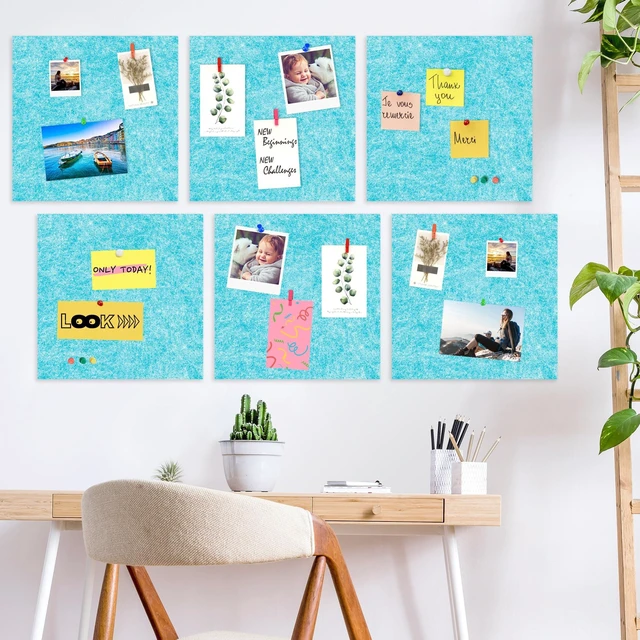 Alt view image 2 of 7 - Cork Bulletin Board 12x12, 1/2" Thick Felt Cork Board Tiles 6 Pack, Small Square Pin Board for Wall, Self Adhesive Corkboards with 60 Push Pin Wood Clips for School, Home & Office, Baby Blue