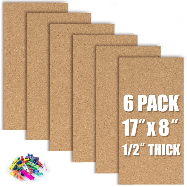 Main image of Cork Board Bulletin Board 17"x8", 1/2" Thick Cork Board Tiles 6 Pack, Small Pin Board for Wall Decor, Self Adhesive Corkboards with 60 Push Pin Wood Clips for School, Home & Office