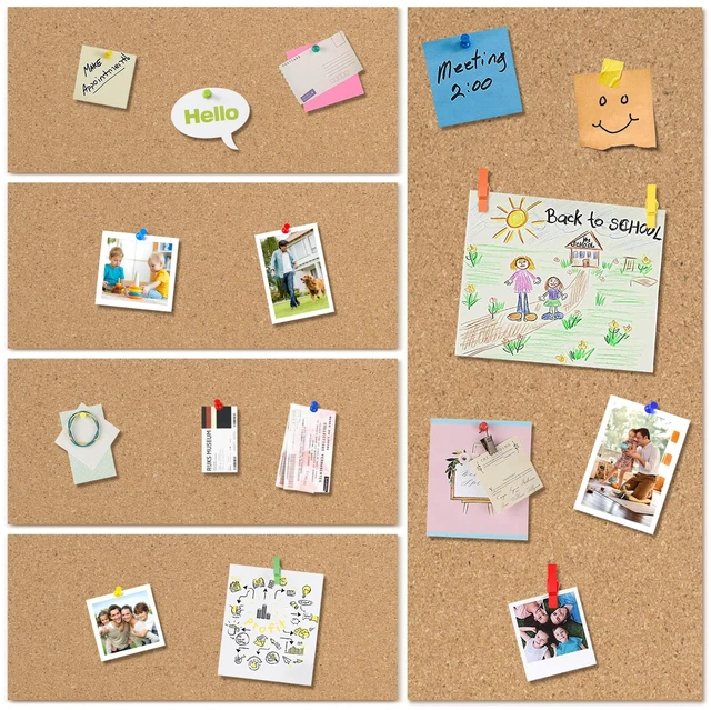 Alt view image 4 of 7 - Cork Board Bulletin Board 17"x8", 1/2" Thick Cork Board Tiles 6 Pack, Small Pin Board for Wall Decor, Self Adhesive Corkboards with 60 Push Pin Wood Clips for School, Home & Office